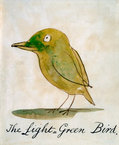 O Pássaro Verde Claro, de &39;Dezesseis Desenhos de Pássaros Comic&39; (caneta e tinta wc no papel) de Edward Lear
